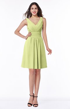 ColsBM Celia Lime Green Plain Sleeveless Half Backless Chiffon Knee Length Ruching Plus Size Bridesmaid Dresses