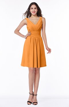 ColsBM Celia Orange Plain Sleeveless Half Backless Chiffon Knee Length Ruching Plus Size Bridesmaid Dresses