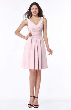 ColsBM Celia Petal Pink Plain Sleeveless Half Backless Chiffon Knee Length Ruching Plus Size Bridesmaid Dresses