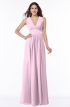 ColsBM Bonnie Baby Pink Traditional V-neck Zip up Chiffon Floor Length Ruching Plus Size Bridesmaid Dresses