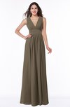 ColsBM Bonnie Carafe Brown Traditional V-neck Zip up Chiffon Floor Length Ruching Plus Size Bridesmaid Dresses
