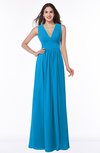 ColsBM Bonnie Cornflower Blue Traditional V-neck Zip up Chiffon Floor Length Ruching Plus Size Bridesmaid Dresses