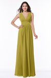 ColsBM Bonnie Golden Olive Traditional V-neck Zip up Chiffon Floor Length Ruching Plus Size Bridesmaid Dresses
