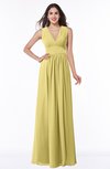 ColsBM Bonnie Misted Yellow Traditional V-neck Zip up Chiffon Floor Length Ruching Plus Size Bridesmaid Dresses