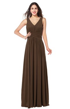 ColsBM Lucia Chocolate Brown Sexy A-line V-neck Zipper Floor Length Ruching Plus Size Bridesmaid Dresses