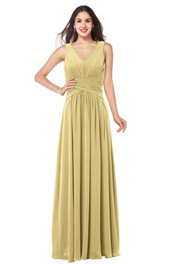 ColsBM Lucia Gold Sexy A-line V-neck Zipper Floor Length Ruching Plus Size Bridesmaid Dresses