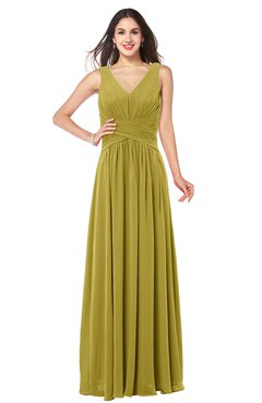 ColsBM Lucia Golden Olive Sexy A-line V-neck Zipper Floor Length Ruching Plus Size Bridesmaid Dresses
