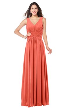 ColsBM Lucia Living Coral Sexy A-line V-neck Zipper Floor Length Ruching Plus Size Bridesmaid Dresses