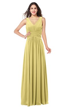 ColsBM Lucia Misted Yellow Sexy A-line V-neck Zipper Floor Length Ruching Plus Size Bridesmaid Dresses