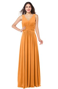 ColsBM Lucia Orange Sexy A-line V-neck Zipper Floor Length Ruching Plus Size Bridesmaid Dresses