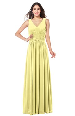 ColsBM Lucia Pastel Yellow Sexy A-line V-neck Zipper Floor Length Ruching Plus Size Bridesmaid Dresses