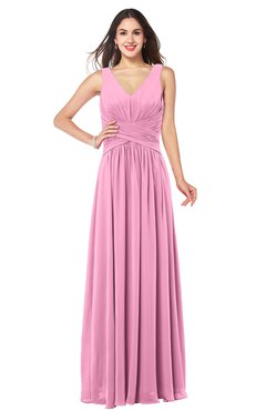 ColsBM Lucia Pink Sexy A-line V-neck Zipper Floor Length Ruching Plus Size Bridesmaid Dresses