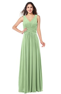 ColsBM Lucia Sage Green Sexy A-line V-neck Zipper Floor Length Ruching Plus Size Bridesmaid Dresses