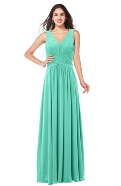 ColsBM Lucia Seafoam Green Sexy A-line V-neck Zipper Floor Length Ruching Plus Size Bridesmaid Dresses