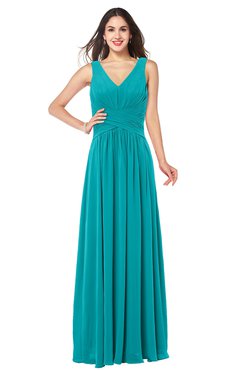 ColsBM Lucia Teal Sexy A-line V-neck Zipper Floor Length Ruching Plus Size Bridesmaid Dresses