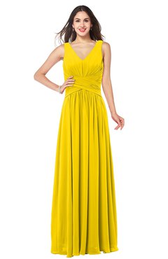 ColsBM Lucia Yellow Sexy A-line V-neck Zipper Floor Length Ruching Plus Size Bridesmaid Dresses