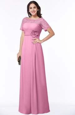 ColsBM Amanda Pink Traditional Short Sleeve Zip up Chiffon Floor Length Flower Bridesmaid Dresses