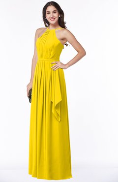 ColsBM Jasmine Yellow Sexy Halter Sleeveless Zipper Chiffon Ruching Plus Size Bridesmaid Dresses