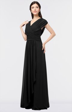 ColsBM Cecilia Black Modern A-line Short Sleeve Zip up Floor Length Ruching Bridesmaid Dresses