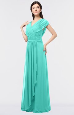 ColsBM Cecilia Blue Turquoise Modern A-line Short Sleeve Zip up Floor Length Ruching Bridesmaid Dresses
