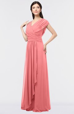 ColsBM Cecilia Coral Modern A-line Short Sleeve Zip up Floor Length Ruching Bridesmaid Dresses