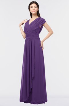 ColsBM Cecilia Dark Purple Modern A-line Short Sleeve Zip up Floor Length Ruching Bridesmaid Dresses