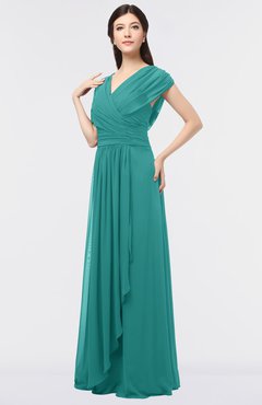 ColsBM Cecilia Emerald Green Modern A-line Short Sleeve Zip up Floor Length Ruching Bridesmaid Dresses