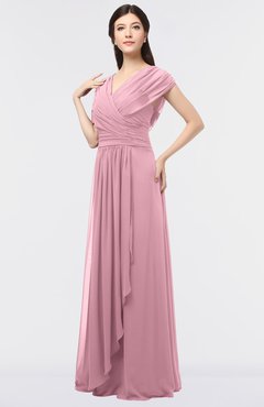 ColsBM Cecilia Light Coral Modern A-line Short Sleeve Zip up Floor Length Ruching Bridesmaid Dresses