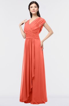 ColsBM Cecilia Living Coral Modern A-line Short Sleeve Zip up Floor Length Ruching Bridesmaid Dresses