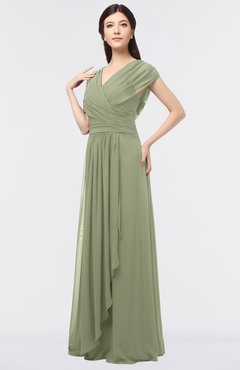 ColsBM Cecilia Moss Green Modern A-line Short Sleeve Zip up Floor Length Ruching Bridesmaid Dresses