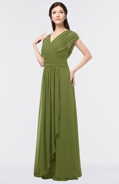 ColsBM Cecilia Olive Green Modern A-line Short Sleeve Zip up Floor Length Ruching Bridesmaid Dresses