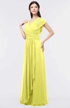 ColsBM Cecilia Pale Yellow Modern A-line Short Sleeve Zip up Floor Length Ruching Bridesmaid Dresses