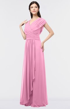 ColsBM Cecilia Pink Modern A-line Short Sleeve Zip up Floor Length Ruching Bridesmaid Dresses