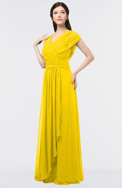 ColsBM Cecilia Yellow Modern A-line Short Sleeve Zip up Floor Length Ruching Bridesmaid Dresses