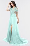 ColsBM Eliza Blue Glass Elegant A-line V-neck Short Sleeve Zip up Sweep Train Bridesmaid Dresses