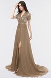 ColsBM Eliza Bronze Brown Elegant A-line V-neck Short Sleeve Zip up Sweep Train Bridesmaid Dresses