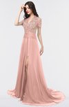 ColsBM Eliza Coral Almond Elegant A-line V-neck Short Sleeve Zip up Sweep Train Bridesmaid Dresses