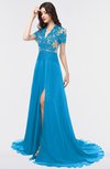 ColsBM Eliza Cornflower Blue Elegant A-line V-neck Short Sleeve Zip up Sweep Train Bridesmaid Dresses