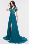 ColsBM Eliza Midnight Blue Elegant A-line V-neck Short Sleeve Zip up Sweep Train Bridesmaid Dresses