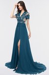 ColsBM Eliza Moroccan Blue Elegant A-line V-neck Short Sleeve Zip up Sweep Train Bridesmaid Dresses