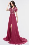 ColsBM Eliza Red Bud Elegant A-line V-neck Short Sleeve Zip up Sweep Train Bridesmaid Dresses