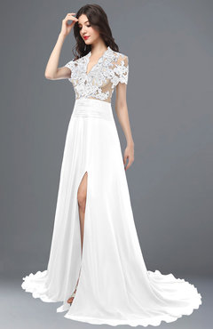 ColsBM Eliza White Elegant A-line V-neck Short Sleeve Zip up Sweep Train Bridesmaid Dresses