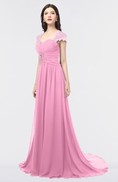 ColsBM Iris Pink Mature A-line Sweetheart Short Sleeve Zip up Sweep Train Bridesmaid Dresses