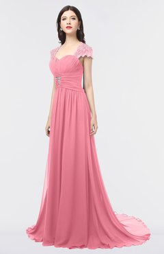 ColsBM Iris Watermelon Mature A-line Sweetheart Short Sleeve Zip up Sweep Train Bridesmaid Dresses