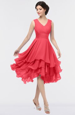 ColsBM Grace Coral Elegant V-neck Sleeveless Zip up Ruching Bridesmaid Dresses