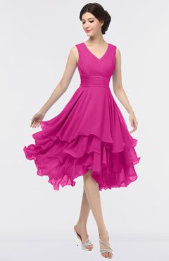 ColsBM Grace Hot Pink Elegant V-neck Sleeveless Zip up Ruching Bridesmaid Dresses
