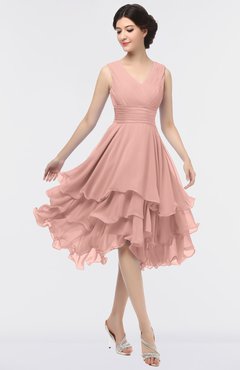 ColsBM Grace Light Coral Elegant V-neck Sleeveless Zip up Ruching Bridesmaid Dresses