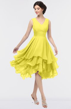 ColsBM Grace Pale Yellow Elegant V-neck Sleeveless Zip up Ruching Bridesmaid Dresses