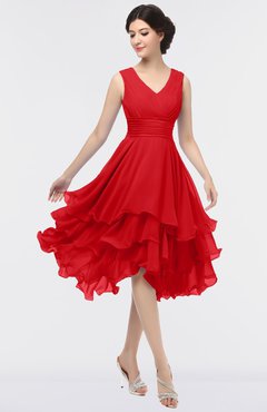 ColsBM Grace Red Elegant V-neck Sleeveless Zip up Ruching Bridesmaid Dresses