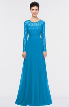 ColsBM Shelly Cornflower Blue Romantic A-line Long Sleeve Floor Length Lace Bridesmaid Dresses